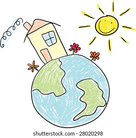 child's drawing building front vegetation lodge world home earth hut house window sun shack satellite flowers construction roof planet globe global residence painting mansion worldwide universal frame