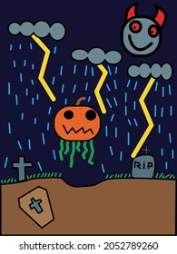 Child's drawing by hand. Child drawing Halloween theme. Vector Halloween background with pumpkin, moon, cemetery. Vector is editable and scalable.