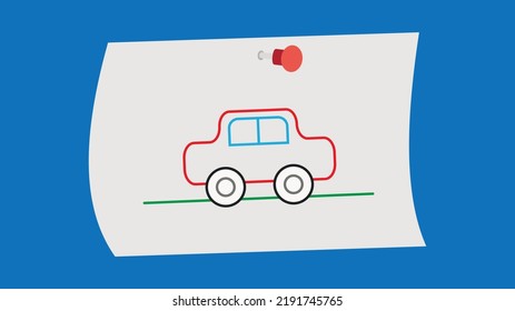 child's drawing of a car hanging on the wall