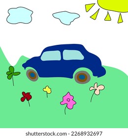 Childs drawing car, sun, blue cloud, colorful flowers in green field. Kids simple drawing summer landscape, vintage auto. Weekend road trip. Hand drawn funny rural scene, vector flat design eps 10