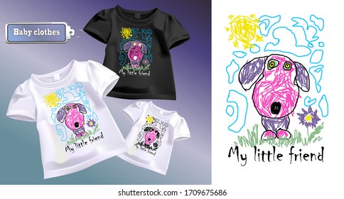 Child's drawing of a doggie on a T-shirt. Vector illustration pictures for baby clothes.