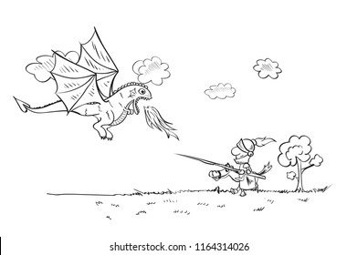 Child's drawing  with a dragon and a knight. Vector sketches with characters of fairy-tales. Sketch on notebook page