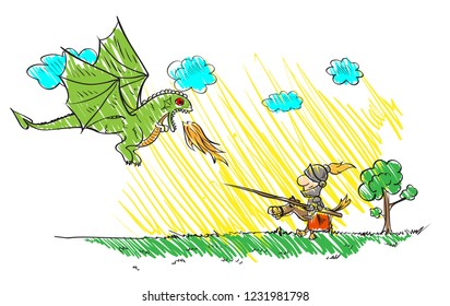 Child's drawing  with a dragon and a knight. Vector sketches with characters of fairy-tales.