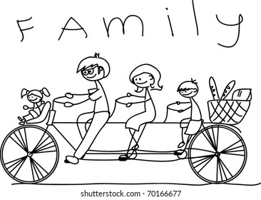 child's drawing of the family on a bicycle, vector