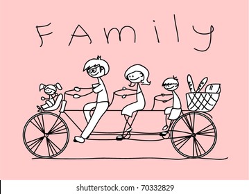 child's drawing of the family on a bicycle, vector