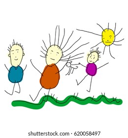 A child's drawing. Family walking in Sunny day. Vector illustration on a white background.