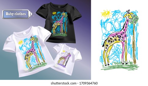 Child's drawing of a giraffe on a t-shirt. Vector illustration pictures for baby clothes.