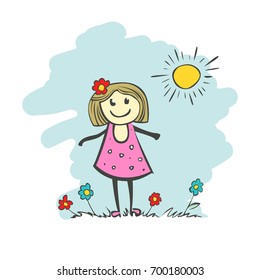 Child's drawing of a girl, a postcard with a mother's day. Drawing banner for design. Vector simple flat illustration