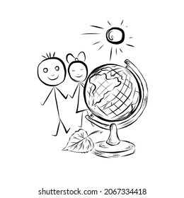 Child's drawing globe, girl, boy and sun. Environmental Protection. Simple linear hand drawing. Logo for school, stationery,