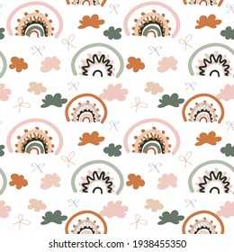 Child's drawing with handmade elements, rainbow, clouds. Trendy kids vector background in boho style. For children's textiles, fabrics, pajamas.
