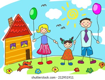 Child's drawing happy family with dog. Father, mother, daughter and their house.