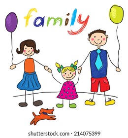 Child's drawing happy family with dog. Father, mother, daughter.