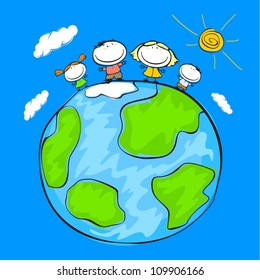 Child's drawing of the happy family on the Earth