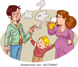 Child's drawing of him and his parents with alcohol and smoking addictions