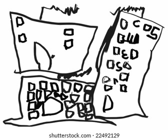 Child's drawing with house and skyscraper on white