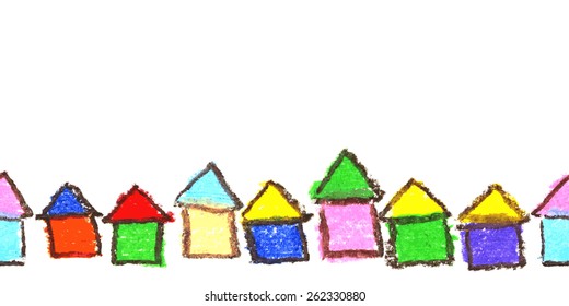 Child's drawing of houses. Seamless border. Isolated on white, horizontal banner,
vector.
