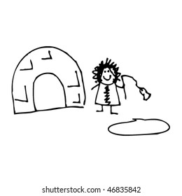 child's drawing of an igloo and eskimo