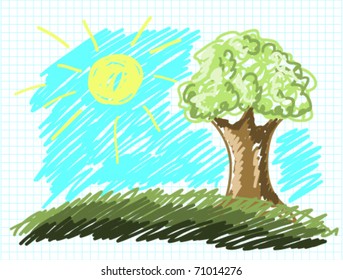 Child's drawing a landscape with a tree