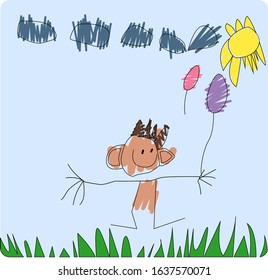 Child's drawing, little boy who holds balloons