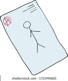 Child's drawing of a man on paper, for which he was placed. Color flat vector illustration. Cartoon isolated on a white background.