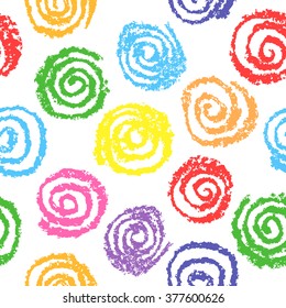 Child's Drawing Of Multicolor Circles. Wax Crayon Kids Hand Drawn Illustration. Seamless Pattern, Vector Background.