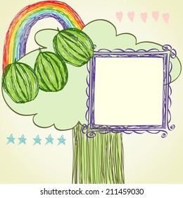 child's drawing of a multicolored rainbow and tree with watermelons