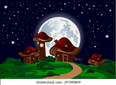 Child's drawing of mushrooms houses with a fence, chimney, window, roof and door landscape with shrubs, moon and stars, with deep, bright colors, suitable for Wallpaper Mural or picture book.