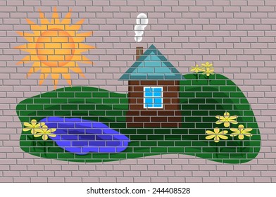 A child's drawing on the wall. The sun, the house with chimney and smoke, and the flowers around the lake. Seamless pattern texture brick with transparent color and the visible stitching.