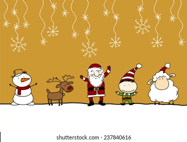 Child's drawing of Santa Claus, cute reindeer, little sheep the symbol of the year 2015, snowman and elf under a snowfall
