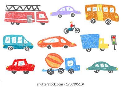 Child's drawing set of colored cars