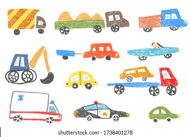 Child's drawing set of colored cars