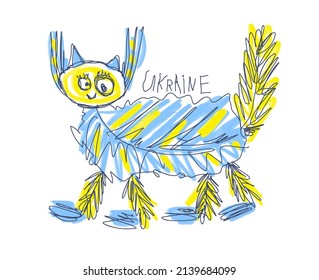 Childs drawing of a shaggy cat in the blue and yellow colors of the Ukrainian flag