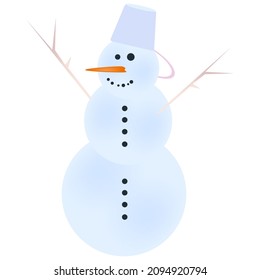 Child's drawing of a snowman with a bucket on his head. Vector illustration.