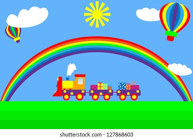 Child's drawing of train with rainbow