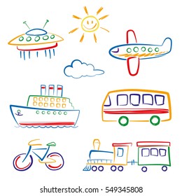 Child's drawing of transport
Set icons, a child's drawing, and transport. Vector.