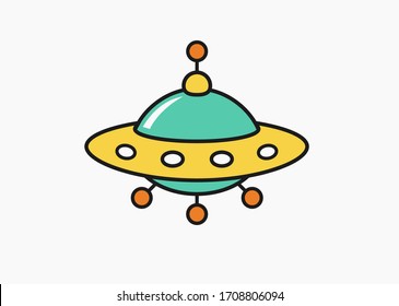 Childs drawing UFO icon, unknow flying object cartoon linear illustration for children coloring book, simple child drawing, vector illustration