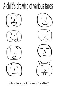 A child's drawing of various faces