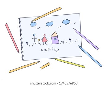 Child's Drawing. Vector Hand Drawn Illustration Of Child's Drawing Family On A White Paper In Doodle Style.