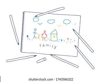 Child's Drawing. Vector hand drawn illustration of Child's drawing family on a white paper in doodle style.