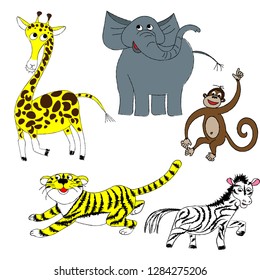 child's drawings, doodle style, cute animals set, crayon, colorful pastel chalk, pencil, like kids hand drawn tiger, giraffe, chimpanzee, elephant, zebra vector art