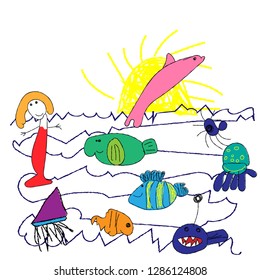 child's drawings, doodle style, cute fish set, crayon, colorful pastel chalk, pencil, like kids hand drawn the sun and the sea full with fish, dolphins, deep sea fish, Mermaid, jellyfish, vector art