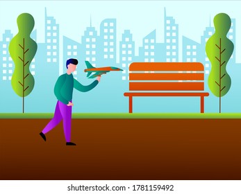 Child's dream vector concept: boy holding his big airplane toy while running on the city park