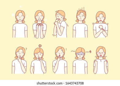 Childs emotions and facial expressions set concept. Illustration or collection showing different emotions of girl. Girl demonstrates of positive and negative facial expressions. Simple flat vector