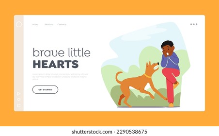 Child's Fear Of Dog Landing Page Template. Little Boy Character Appears Anxious And Tense In The Dog's Presence. The Image Can Be Used For Therapeutic Purposes. Cartoon People Vector Illustration