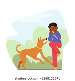 Child's Fear Of Dog, Little Boy Character Appears Anxious And Tense In The Dog's Presence. The Image Can Be Used For Educational Or Therapeutic Purposes. Cartoon People Vector Illustration