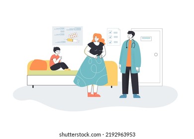 Childs fear of medical treatment and injections in hospital. Woman and sick boy at doctors office flat vector illustration. Phobia, medicine concept for banner, website design or landing web page
