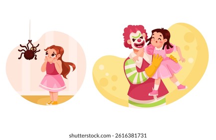 A childs fear of spiders can lessen with the comforting presence of clowns and their fun