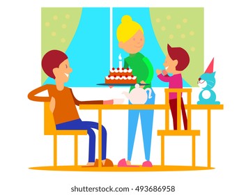 Child's first birthday celebrationt. Mother puts decorated tier cake with candle on table, glad father and birthday boy on chairs flat vector illustration. Family circle home party. Joy of childhood