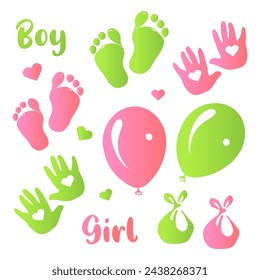 
Child's footprints and handprints. Pink and green silhouettes. cool illustration.