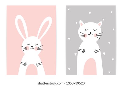 Child's gently pink gray poster with a bunny and a cat.
